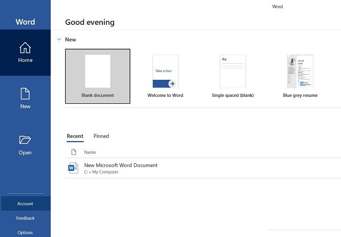 Страница учётной записи в Word