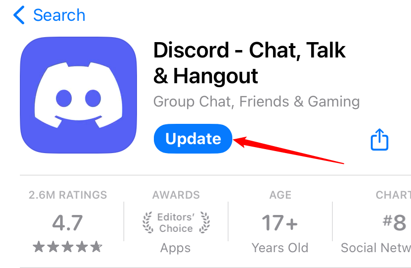 Кнопка обновления Discord в App Store на iPhone.