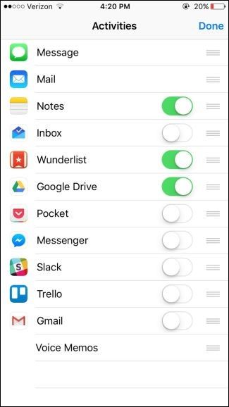 Список доступных действий Поделиться