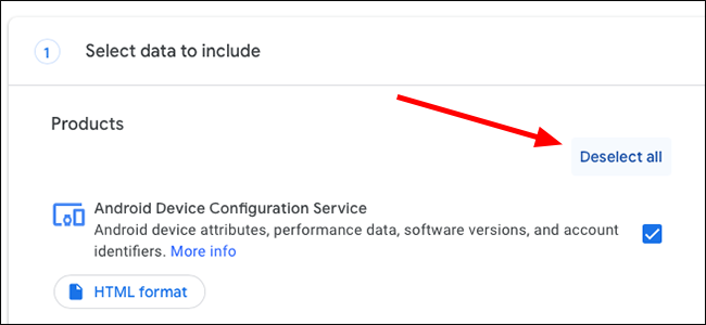 Кнопка «Снять все выделения» в Google Takeout