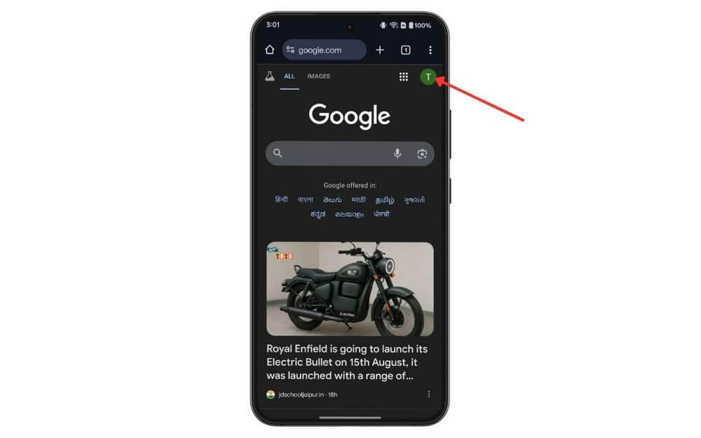 Профиль в правом верхнем углу на Google