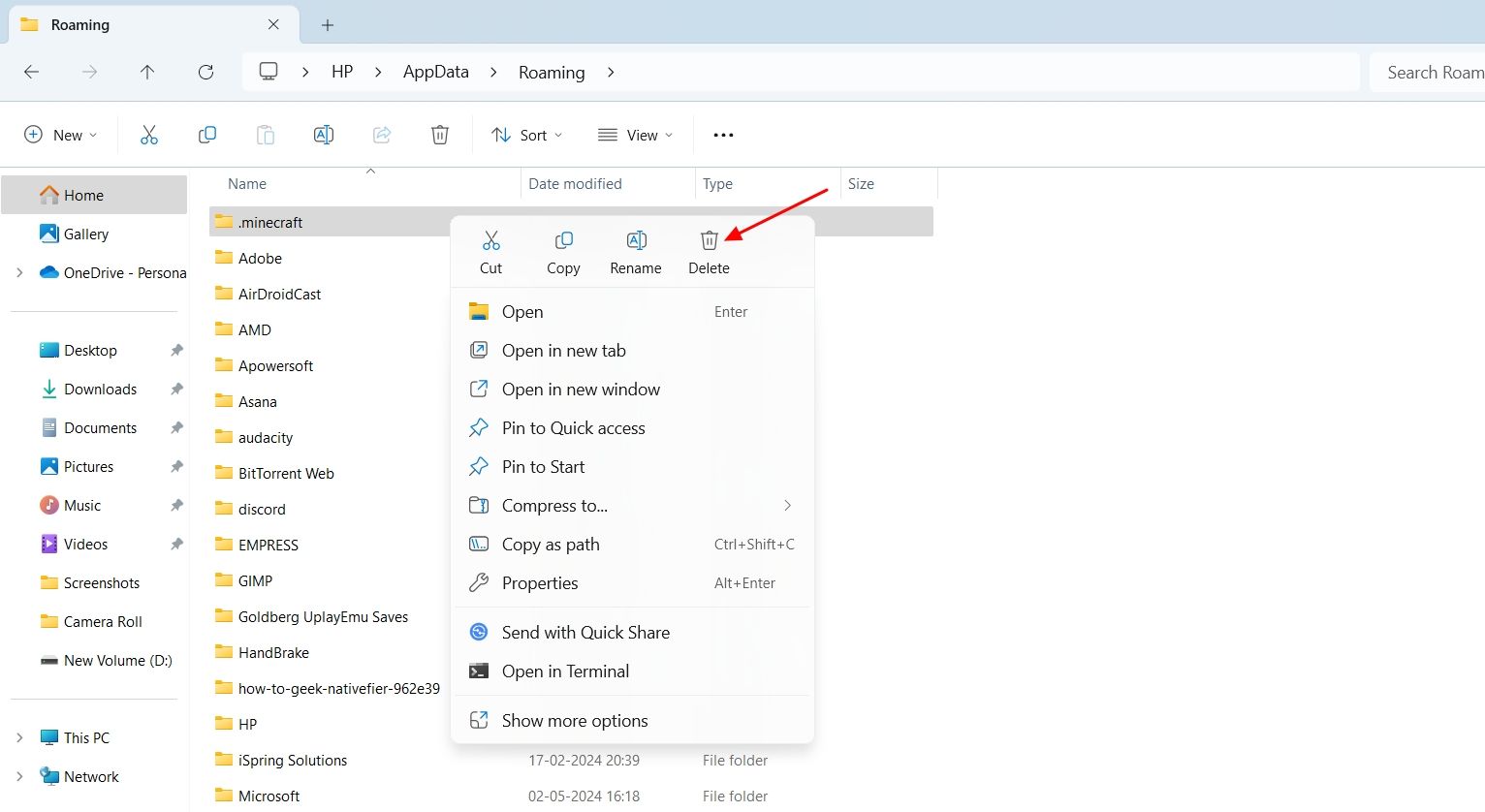 Опция удаления папки .minecraft через Проводник Windows.