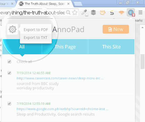 Opciones de exportación a PDF o texto en AnnoPad