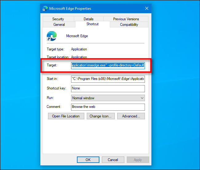 Найдите путь в поле Объект для Microsoft Edge на Windows 10