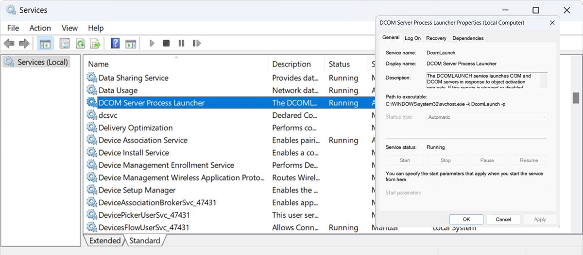 Restart the DCOM service
