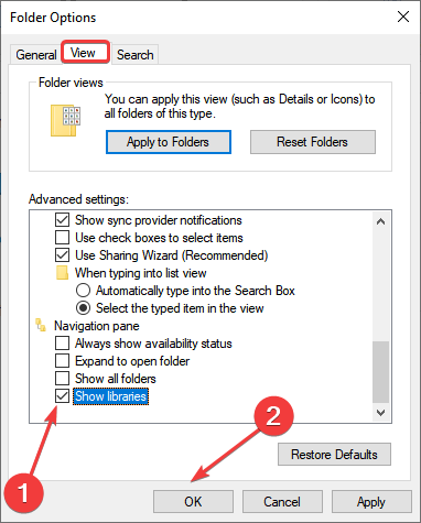 Опция Показать библиотеки в параметрах папок