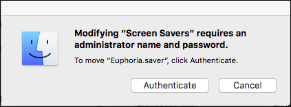 Окно аутентификации администратора при установке системной заставки