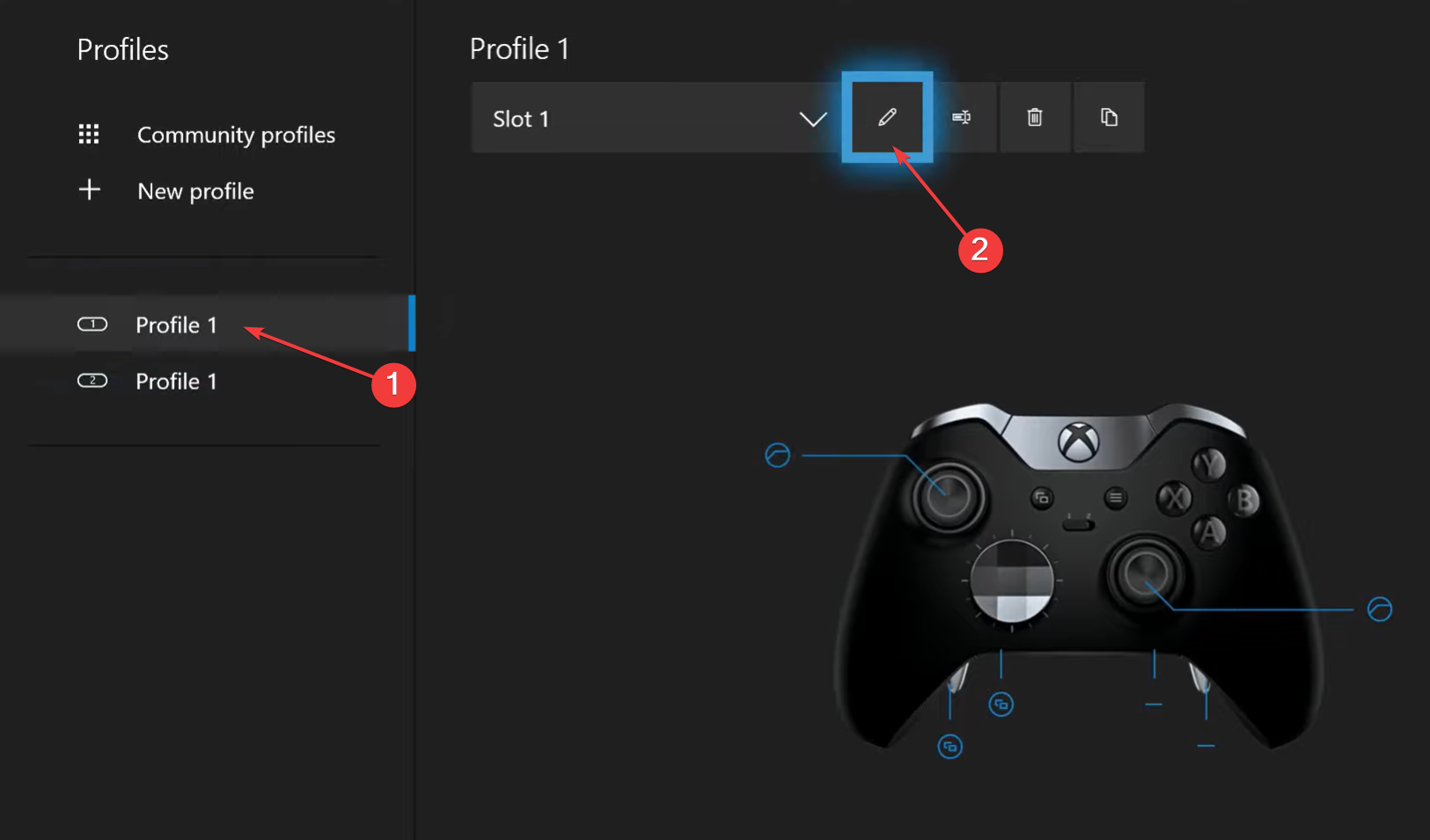 Кнопка Редактировать профиль контроллера