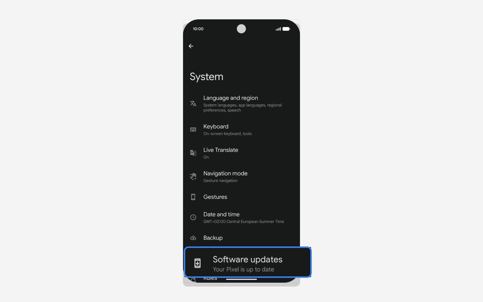 google pixel phone software update settings in the system settings