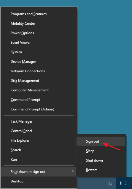 Снимок: меню Power Users с выделенной командой Выйти
