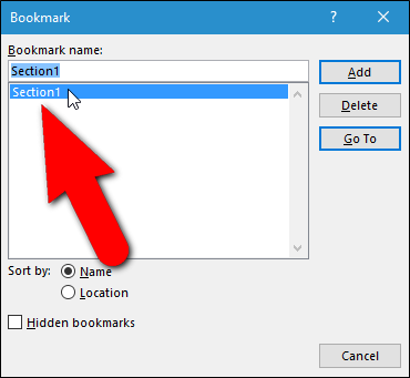Стандартный диалог Закладка со списком переименованных закладок