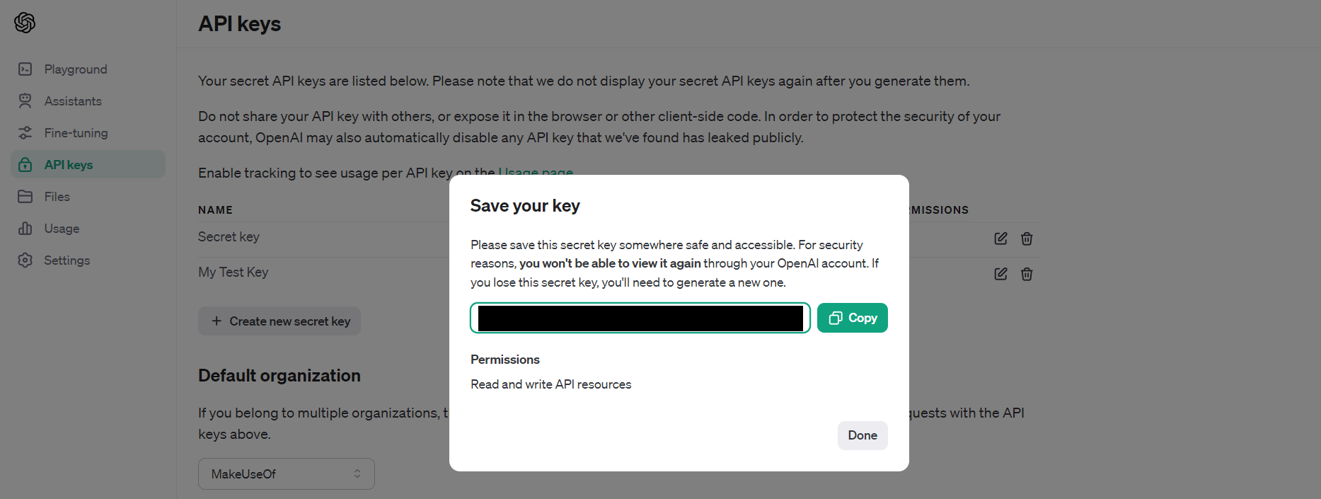 Страница создания ключа API OpenAI