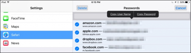 Контекстные опции для копирования логина и пароля