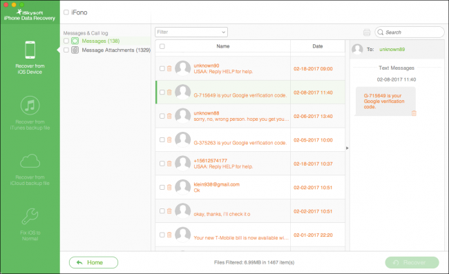 Скриншот результатов сканирования, где видны удалённые сообщения и номера