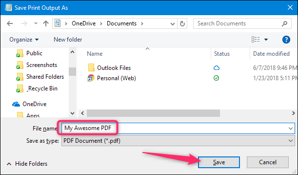 Окно Сохранить как для сохранения PDF