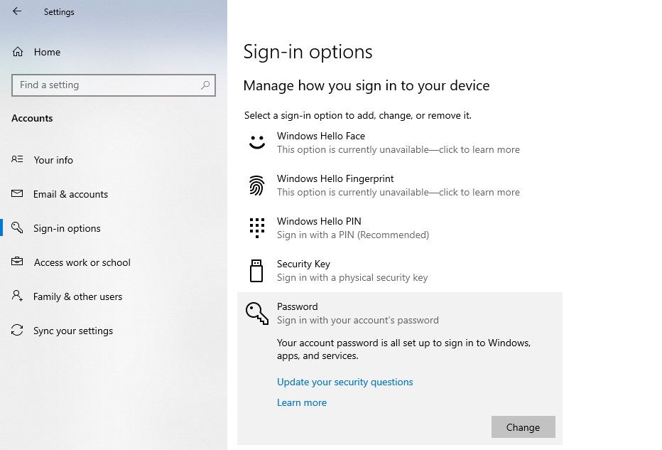 удаление пароля в параметрах учётной записи Windows 10