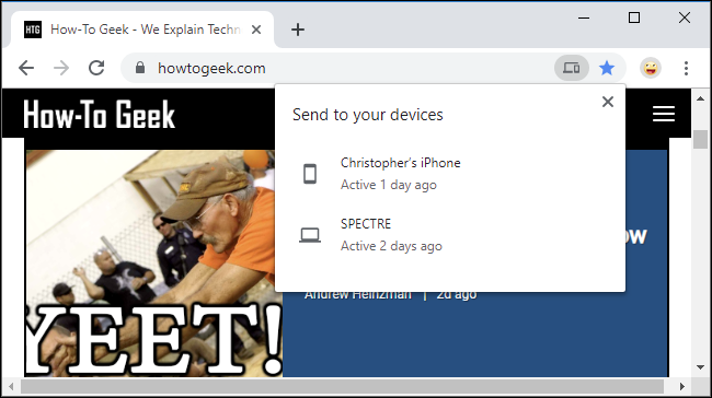 Отправка вкладки на другое устройство из omnibox в Chrome