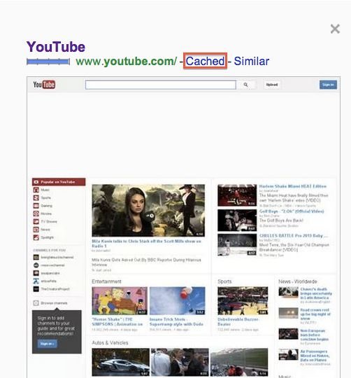 Снимок кэша Google отображает ранее сохранённую версию страницы