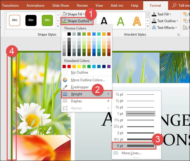Выбор толщины контура фигуры в меню Контур фигуры