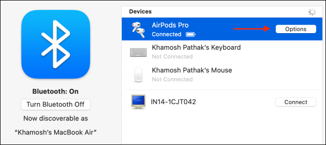 Кнопка Параметры для AirPods в Bluetooth
