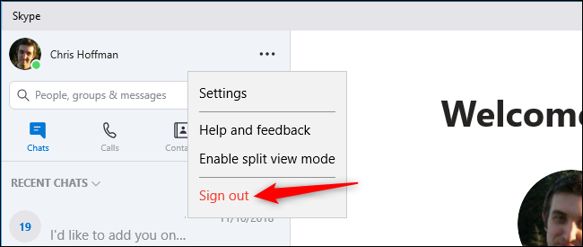 Кнопка 'Выйти' в меню Skype.