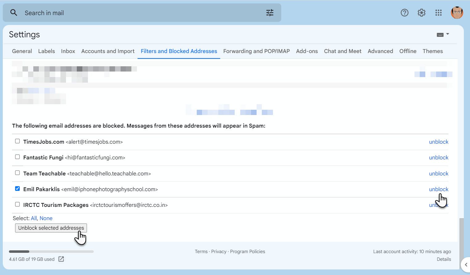 Разблокировка контактов в Gmail: список заблокированных адресов