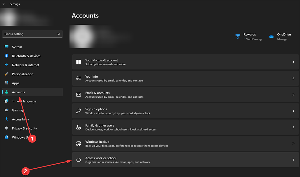 Параметр «Доступ к работе или учебе» в Windows 11