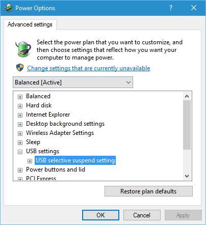 Отключение USB selective suspend