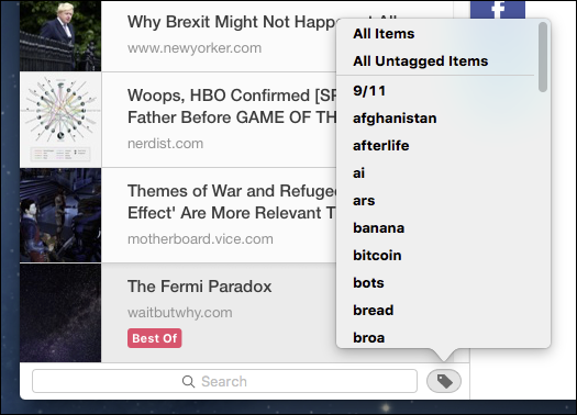 Иконка тегов и строка поиска внизу списка статей