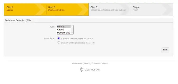 Выбор базы данных в установщике OTRS