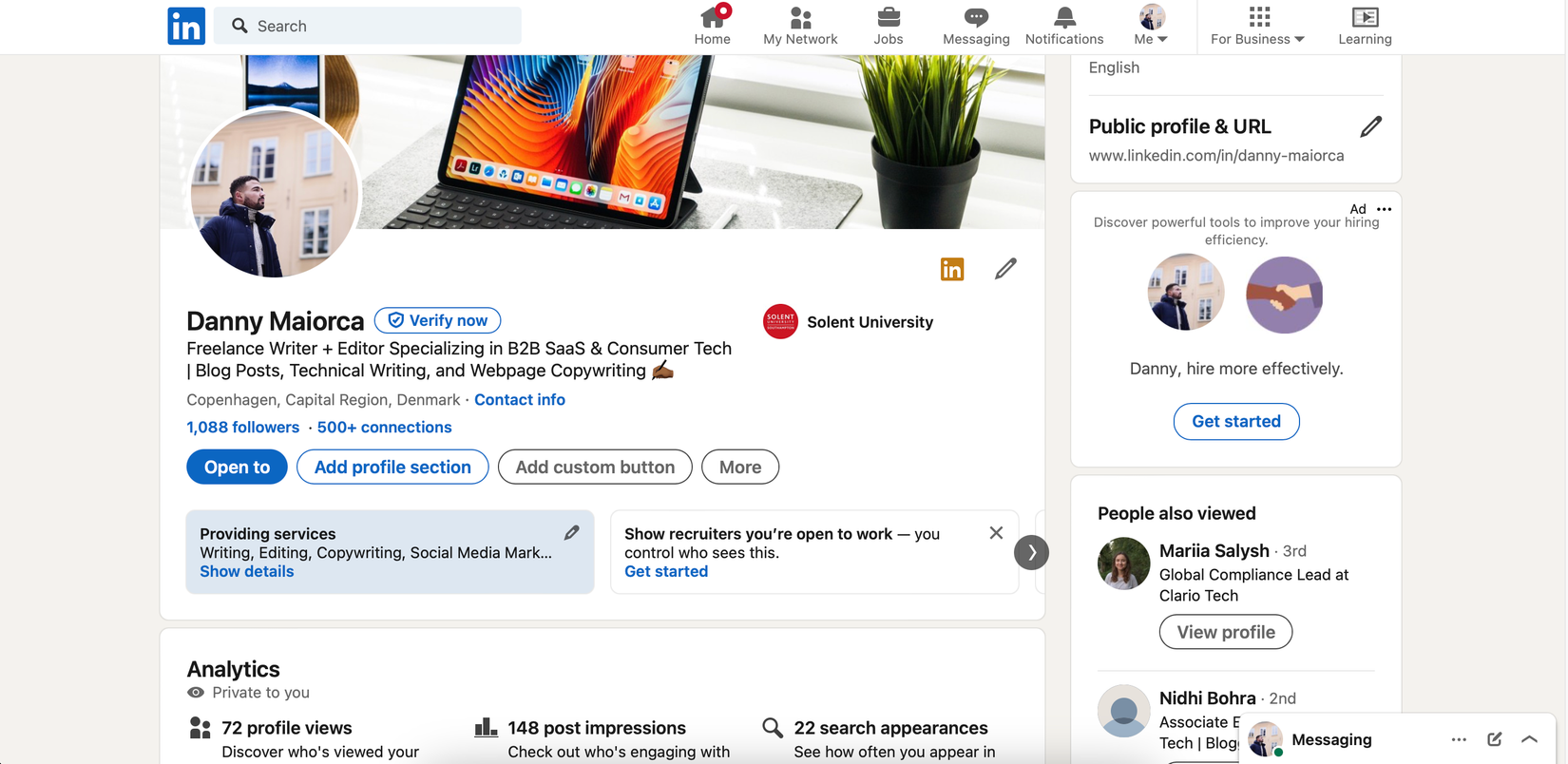Нажмите значок карандаша в верхней части профиля LinkedIn