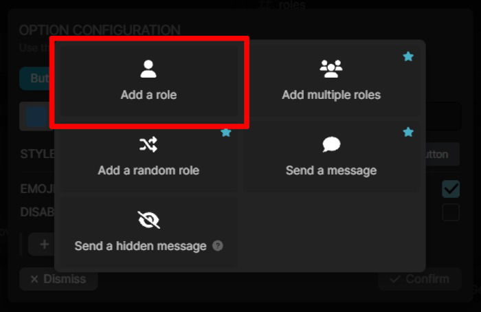 Выбор действия Add a role для опции Reaction Role