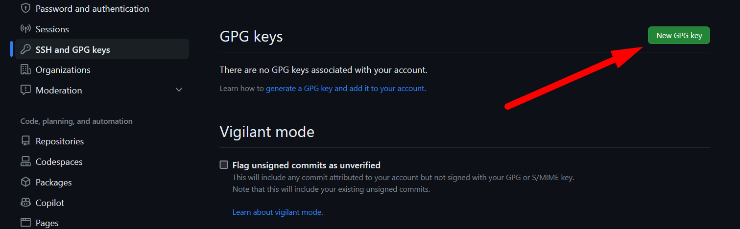 Настройки SSH и GPG в профиле GitHub — добавление GPG‑ключа
