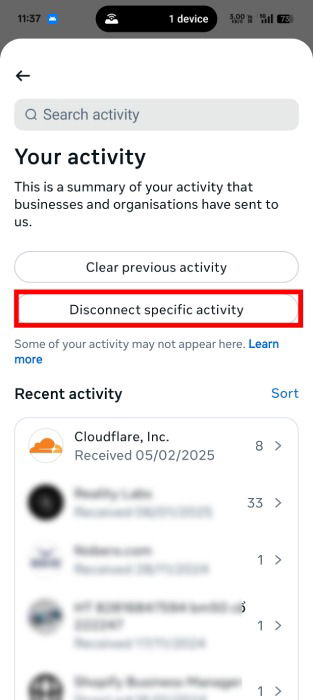 Кнопка 'Отключить конкретную активность' в Центре учётных записей
