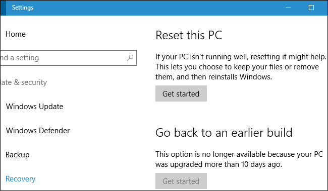 Раздел восстановления с опцией возврата к предыдущей сборке