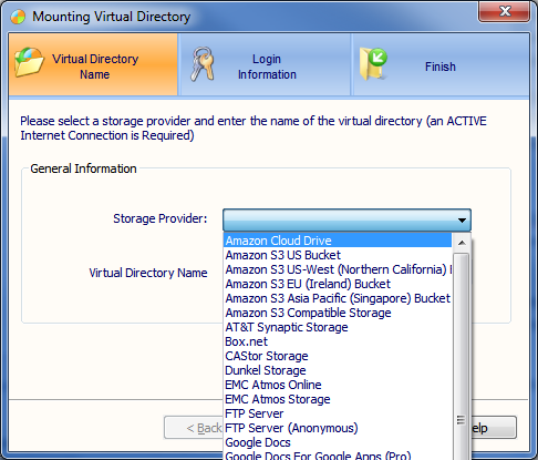 Интерфейс подключения Gladinet и список облачных провайдеров