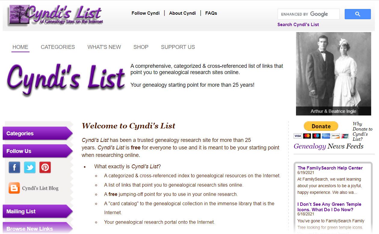Главная страница Cyndi's List — каталог ресурсов по генеалогии