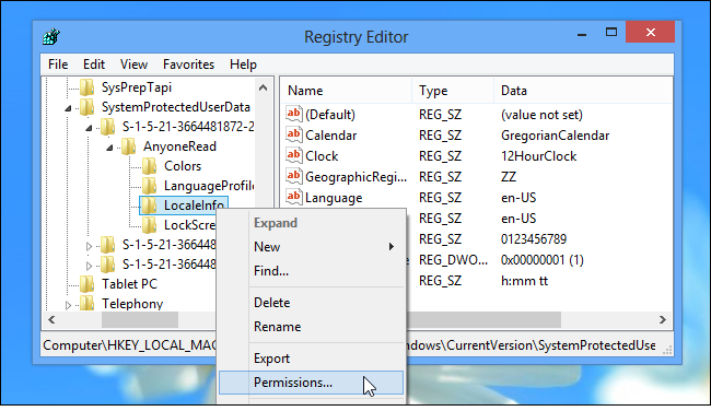 Параметры доступа к ключу реестра LocaleInfo в Windows