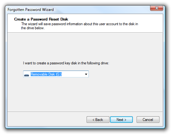Выбор съемного диска для создания ключа сброса пароля