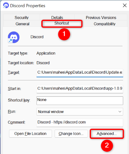 Выберите Ярлык → Дополнительно.