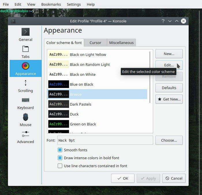 Konsole Wallpaper Edit Color Scheme