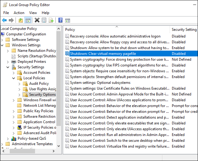 Параметр Security Options: Shutdown: Clear virtual memory pagefile