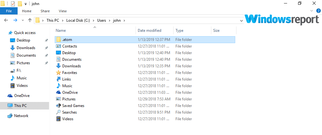 Проводник: папка Users и файл .atom