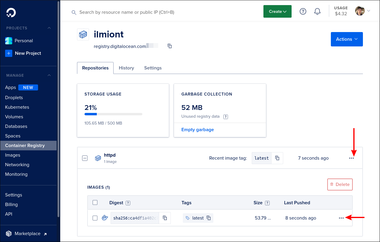 Скриншот: панель управления реестром DigitalOcean
