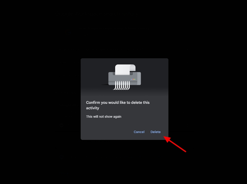 подтвердить удаление истории поиска google workspace