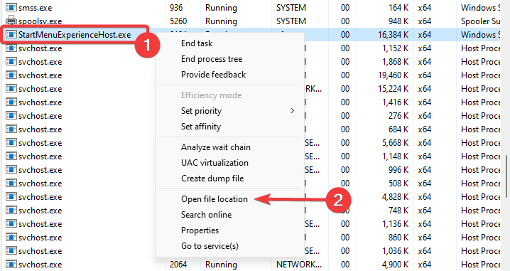 Открыть расположение файла StartMenuExperienceHost.exe