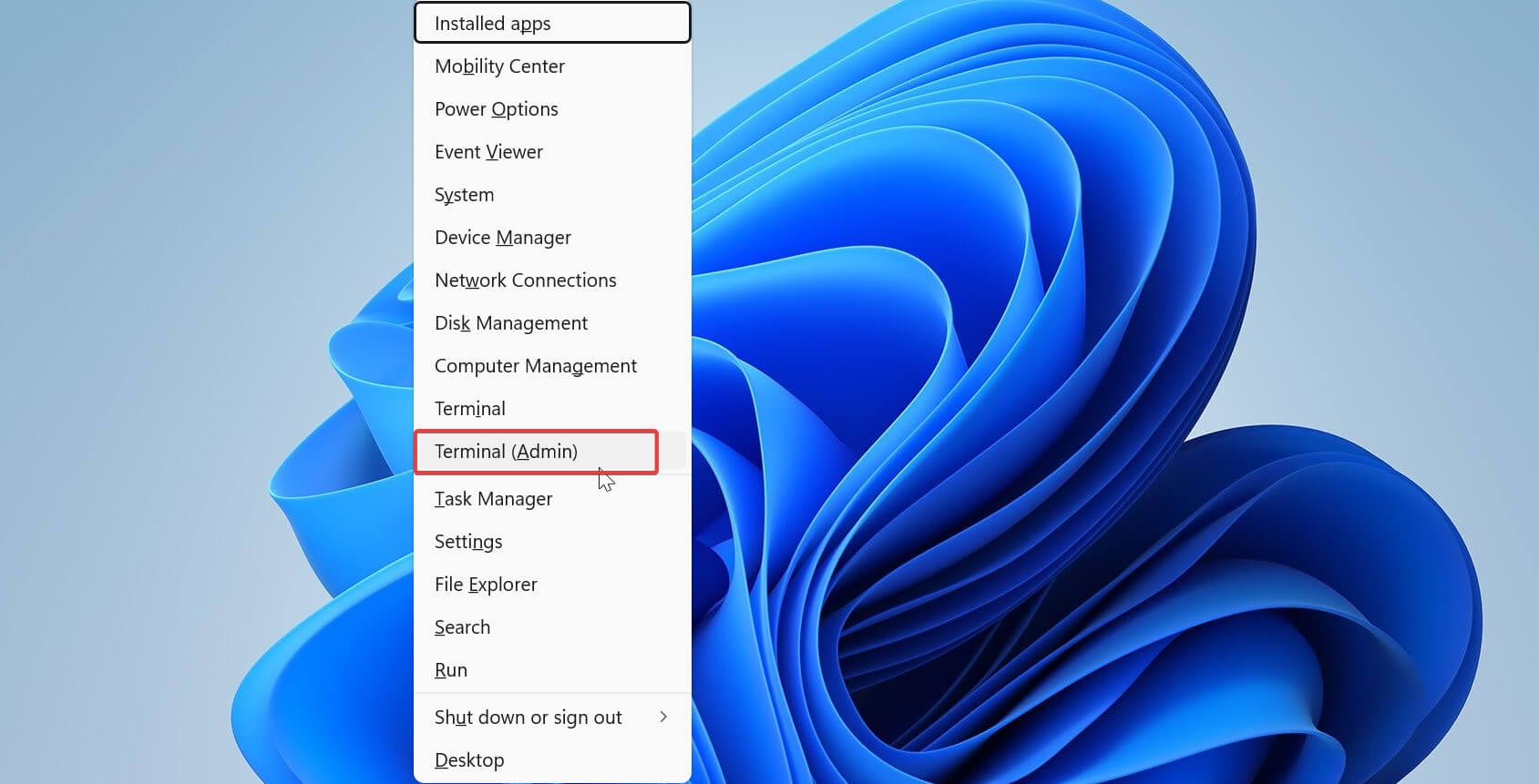 Опция «Терминал (Администратор)» в меню Win+X на Windows 11