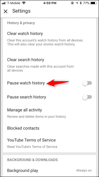 Скриншот: опция приостановки истории в настройках мобильного приложения YouTube