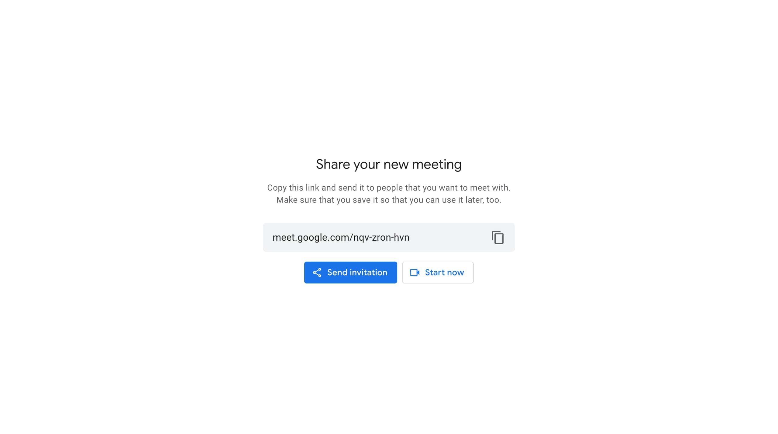 Окно с ссылкой Google Meet в Gmail для копирования или отправки приглашения