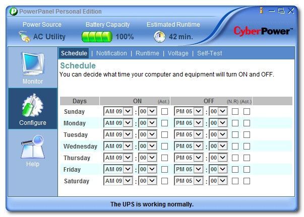 Опции планирования выключения и питания в ПО ИБП